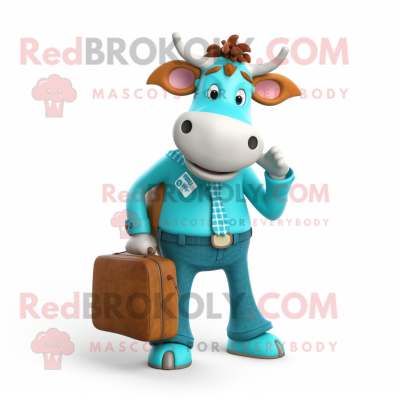 Turquoise Guernsey Cow mascot costume character dressed with a Flare Jeans and Briefcases Turquoise Guernsey Cow mascot costume character dressed with a Flare Jeans and Briefcases