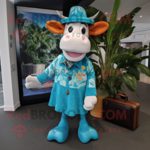Turquoise Guernsey Cow mascot costume character dressed with a Flare Jeans and Briefcases