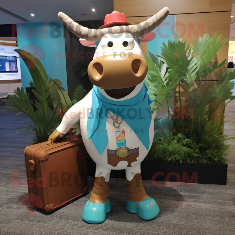 Turquoise Guernsey Cow mascot costume character dressed with a Flare Jeans and Briefcases