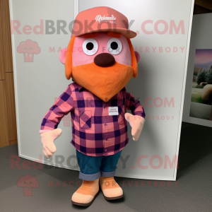 Pink Orange mascot costume character dressed with a Flannel Shirt and Beanies