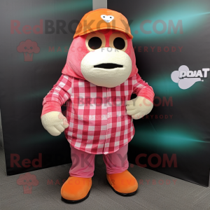 Pink Orange mascot costume character dressed with a Flannel Shirt and Beanies