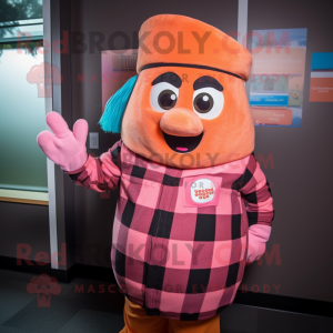 Pink Orange mascot costume character dressed with a Flannel Shirt and Beanies