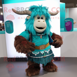 Turquoise Yak mascot costume character dressed with a Waistcoat and Belts