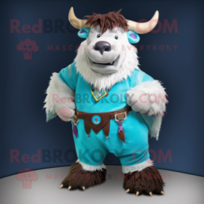 Turquoise Yak mascot costume character dressed with a Waistcoat and Belts