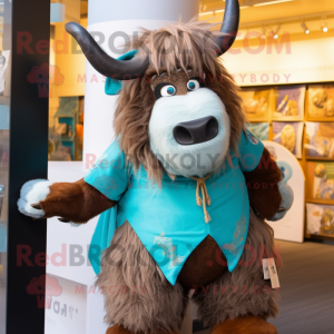 Turquoise Yak mascot costume character dressed with a Waistcoat and Belts