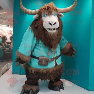 Turquoise Yak mascot costume character dressed with a Waistcoat and Belts