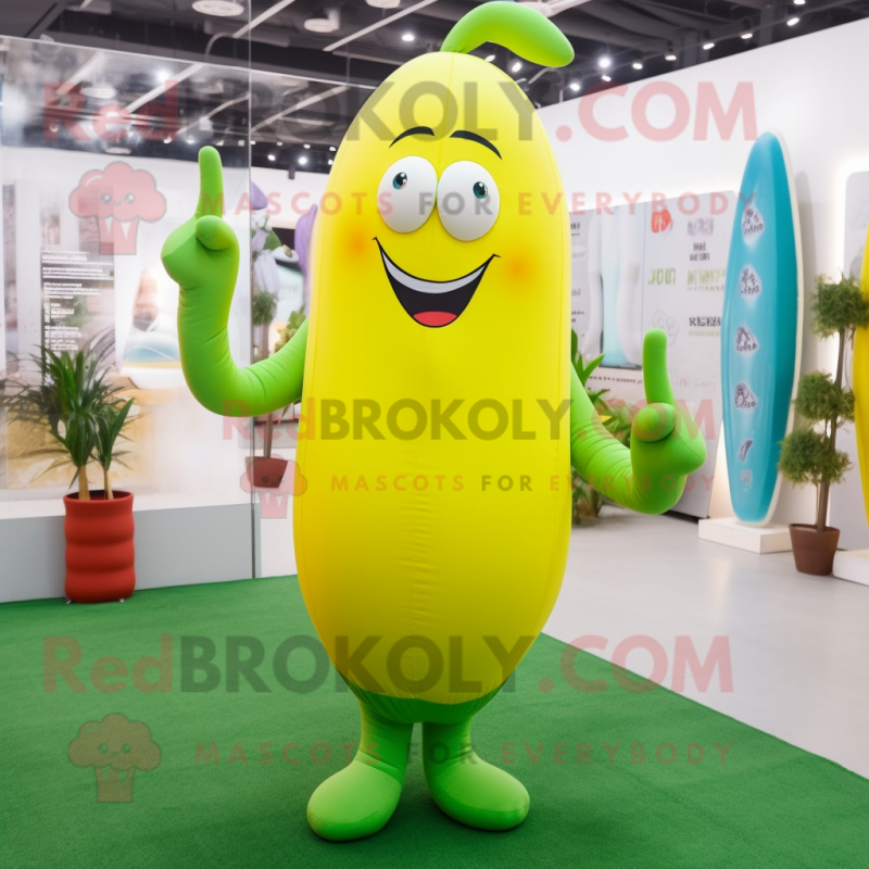 Yellow Green Bean mascot costume character dressed with a Yoga Pants and Hairpins