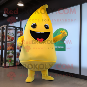 Yellow Pepper mascot costume character dressed with a Jumpsuit and Tie pins