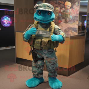 Turquoise Marine Recon mascot costume character dressed with a Graphic Tee and Headbands