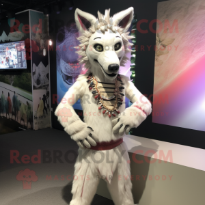 White Hyena mascot costume character dressed with a Bikini and Headbands