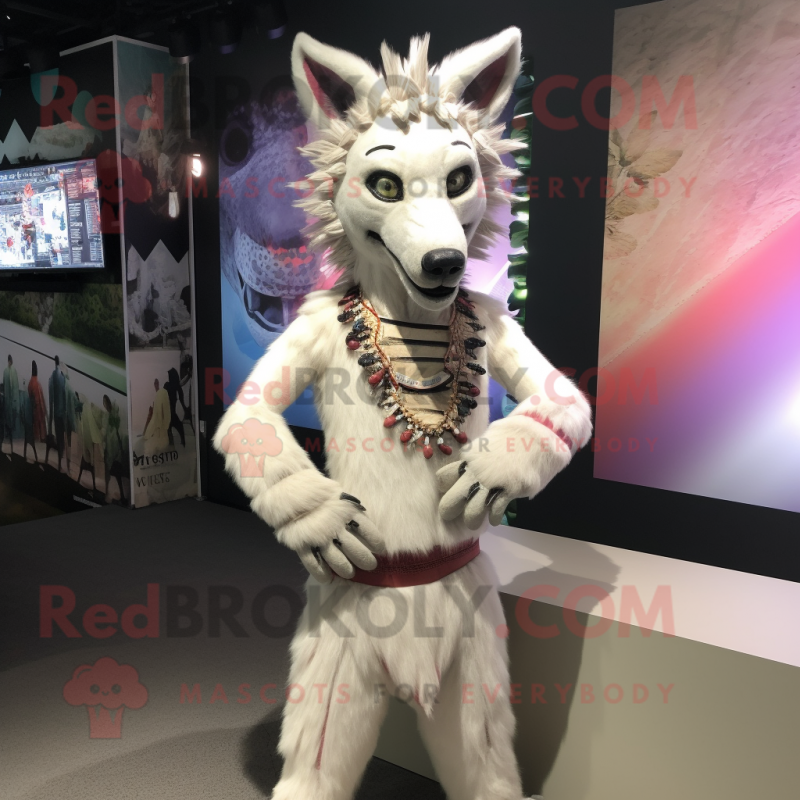 White Hyena mascot costume character dressed with a Bikini and Headbands White Hyena mascot costume character dressed with a Bikini and Headbands