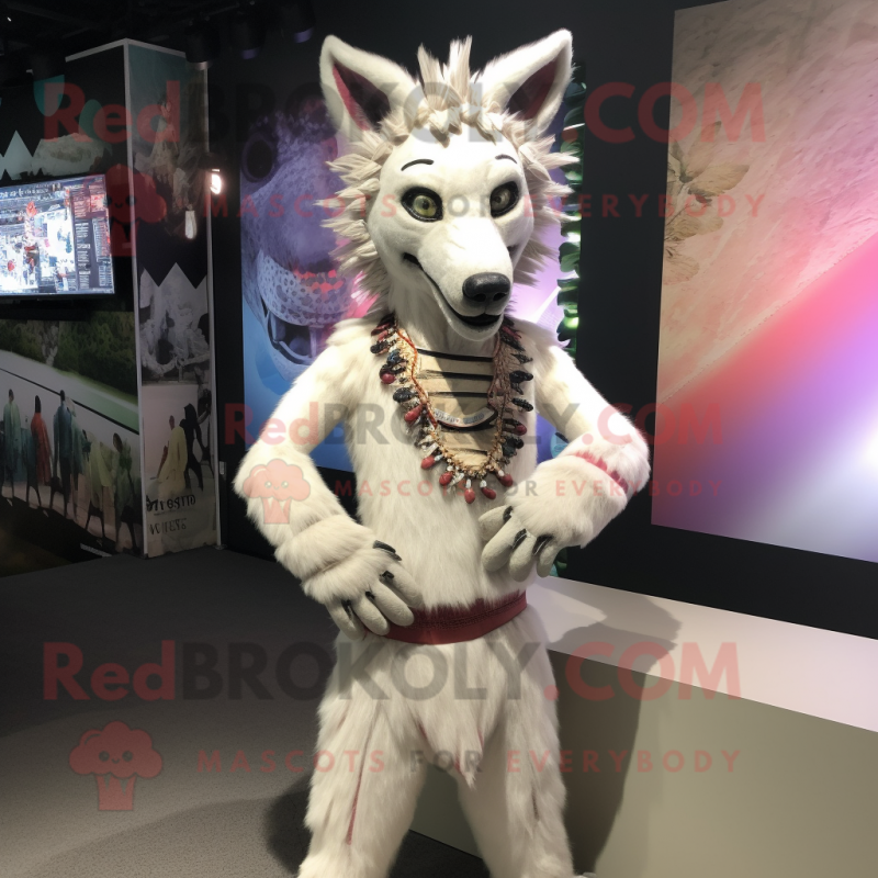 White Hyena mascot costume character dressed with a Bikini and Headbands