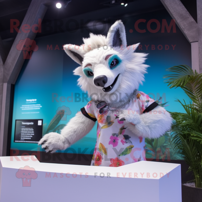 White Hyena mascot costume character dressed with a Bikini and Headbands