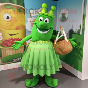 Green Goulash mascot costume character dressed with a Skirt and Handbags
