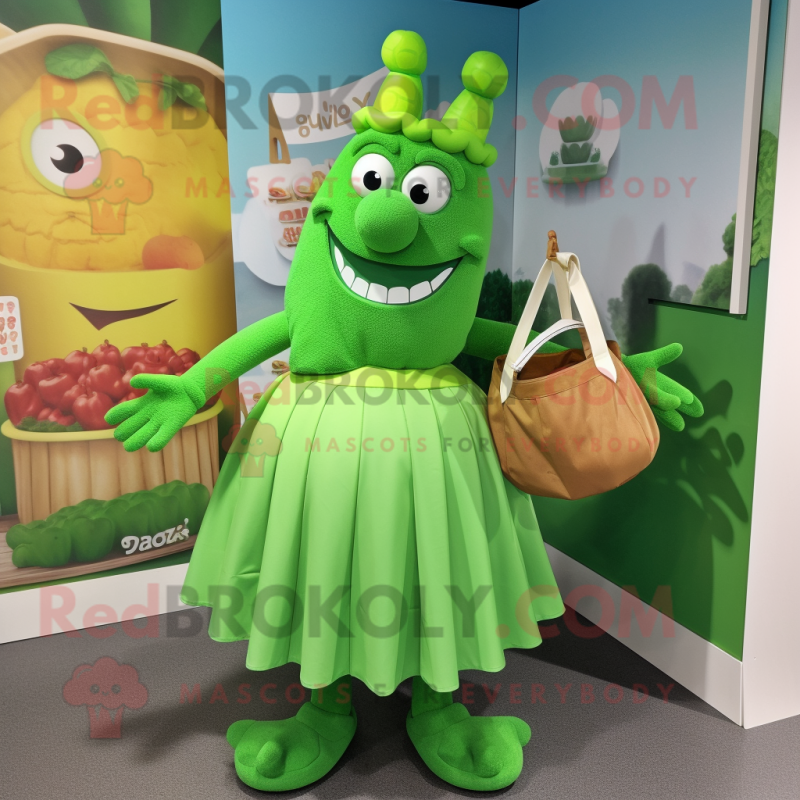Green Goulash mascot costume character dressed with a Skirt and Handbags Green Goulash mascot costume character dressed with a Skirt and Handbags