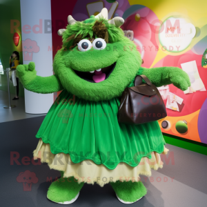Green Goulash mascot costume character dressed with a Skirt and Handbags