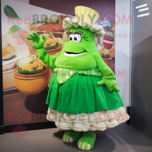 Green Goulash mascot costume character dressed with a Skirt and Handbags