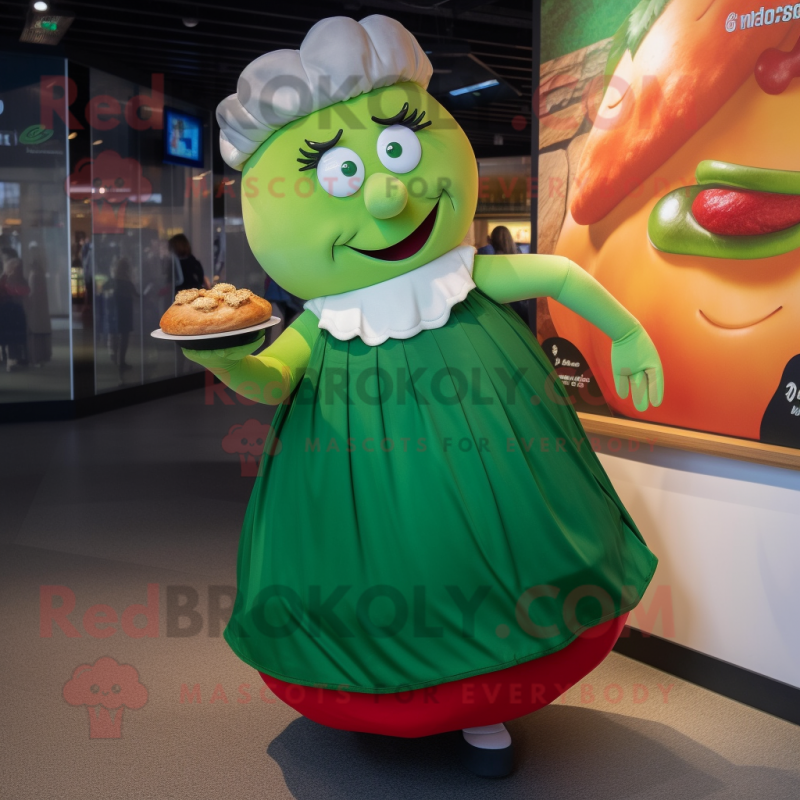 Green Goulash mascot costume character dressed with a Skirt and Handbags Green Goulash mascot costume character dressed with a Skirt and Handbags