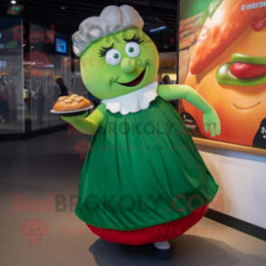 Green Goulash mascot costume character dressed with a Skirt and Handbags