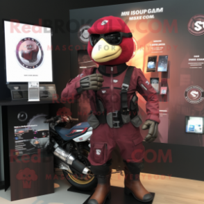 Maroon Special Air Service mascot costume character dressed with a Moto Jacket and Digital watches