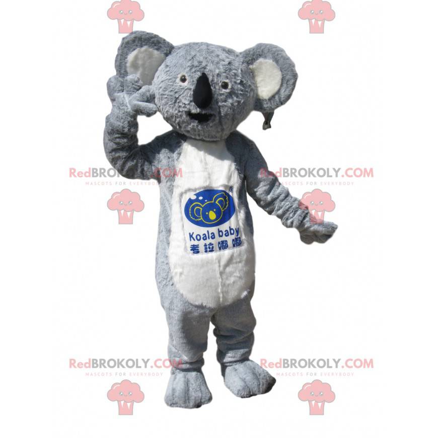 Grijze en witte koala mascotte met een mooie vacht -