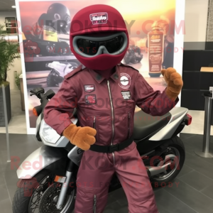 Maroon Special Air Service mascot costume character dressed with a Moto Jacket and Digital watches