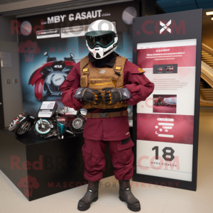 Maroon Special Air Service mascot costume character dressed with a Moto Jacket and Digital watches