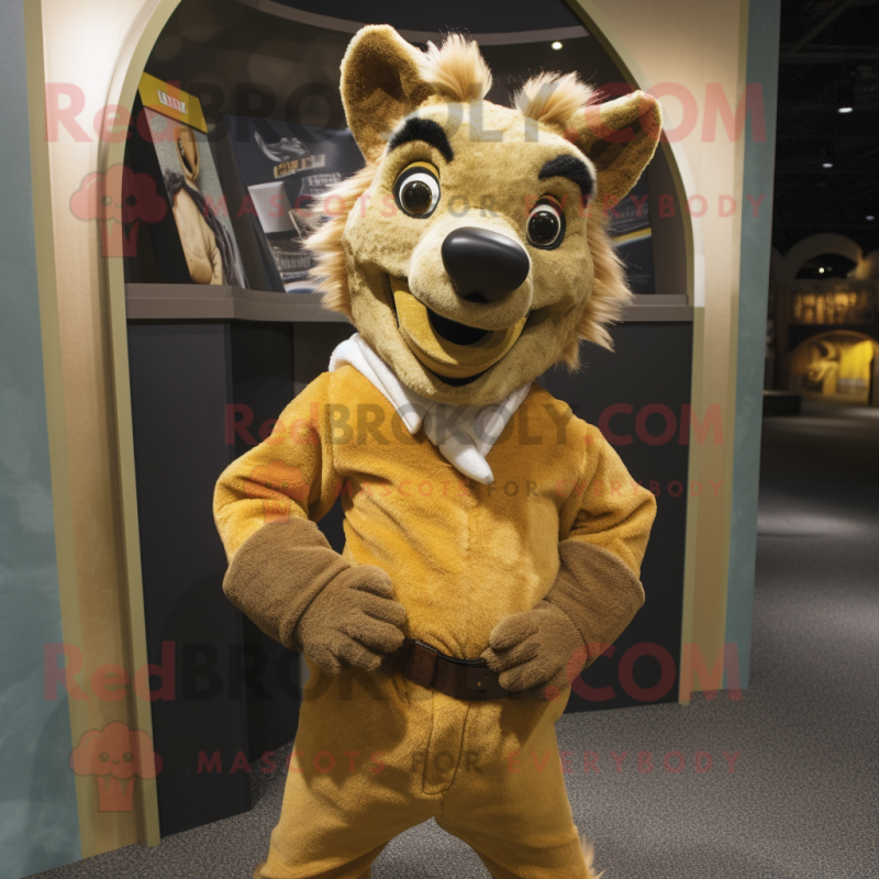Gold Hyena mascot costume character dressed with a Sweater and Pocket squares Gold Hyena mascot costume character dressed with a Sweater and Pocket squares