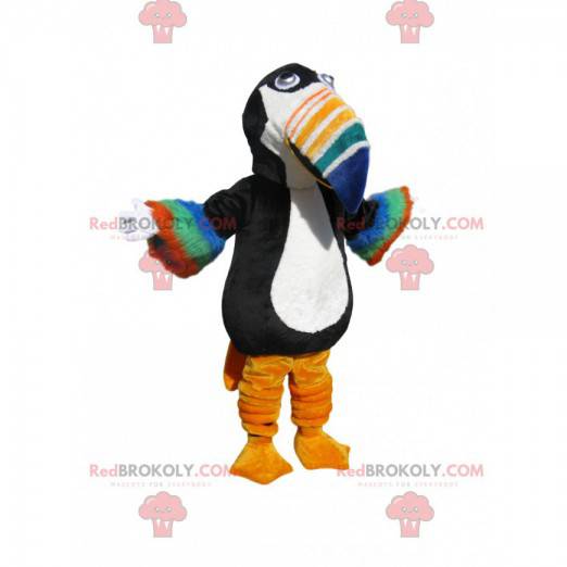 Mascot black and white toucan with a multicolored beak -