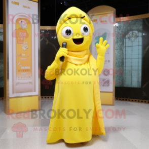 Lemon Yellow Phone mascot costume character dressed with a A-Line Dress and Scarves
