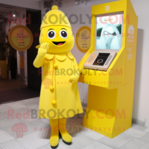 Lemon Yellow Phone mascot costume character dressed with a A-Line Dress and Scarves