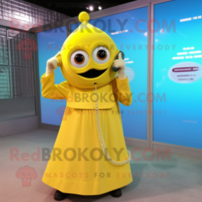 Lemon Yellow Phone mascot costume character dressed with a A-Line Dress and Scarves