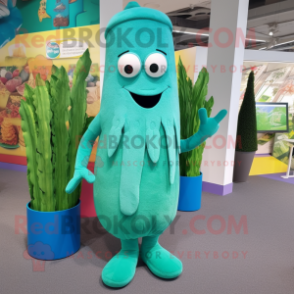 Turquoise Asparagus mascot costume character dressed with a Playsuit and Beanies