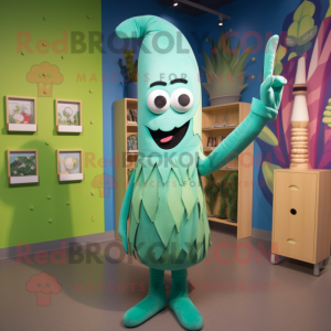 Turquoise Asparagus mascot costume character dressed with a Playsuit and Beanies
