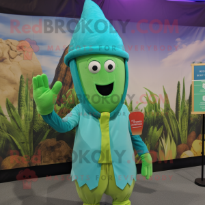 Turquoise Asparagus mascot costume character dressed with a Playsuit and Beanies