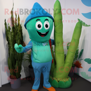 Turquoise Asparagus mascot costume character dressed with a Playsuit and Beanies