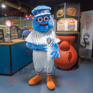 Blue Tandoori Chicken mascot costume character dressed with a Baseball Tee and Eyeglasses