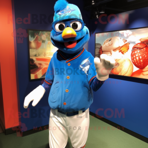 Blue Tandoori Chicken mascot costume character dressed with a Baseball Tee and Eyeglasses