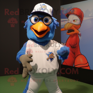Blue Tandoori Chicken mascot costume character dressed with a Baseball Tee and Eyeglasses