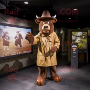 Brown Minotaur mascot costume character dressed with a Raincoat and Berets