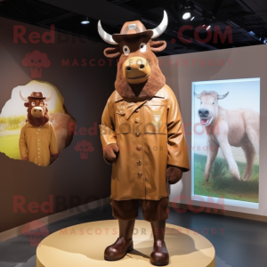 Brown Minotaur mascot costume character dressed with a Raincoat and Berets