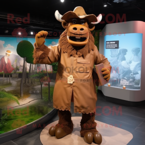Brown Minotaur mascot costume character dressed with a Raincoat and Berets