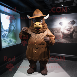 Brown Minotaur mascot costume character dressed with a Raincoat and Berets