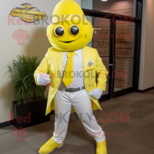 Lemon Yellow Gyro mascot costume character dressed with a Blazer and Belts