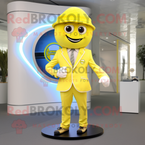 Lemon Yellow Gyro mascot costume character dressed with a Blazer and Belts