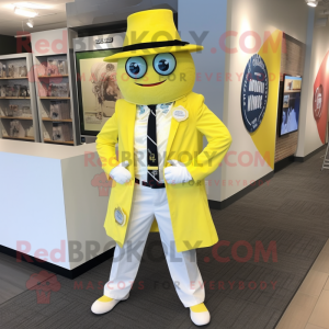 Lemon Yellow Gyro mascot costume character dressed with a Blazer and Belts
