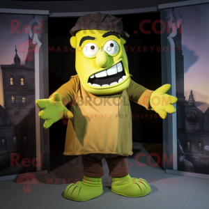 Gold Frankenstein mascot costume character dressed with a Dungarees and Shawls