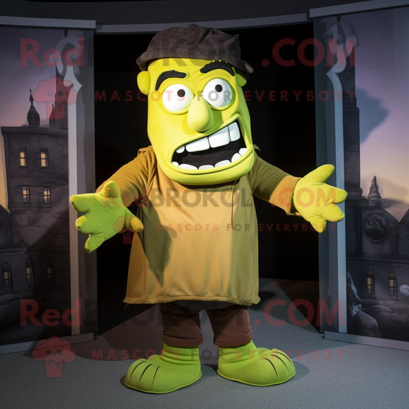 Gold Frankenstein mascot costume character dressed with a Dungarees and Shawls Gold Frankenstein mascot costume character dressed with a Dungarees and Shawls