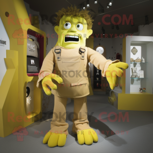 Gold Frankenstein mascot costume character dressed with a Dungarees and Shawls