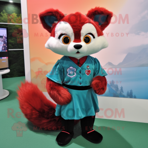 Teal Red Panda mascot costume character dressed with a A-Line Skirt and Shoe clips